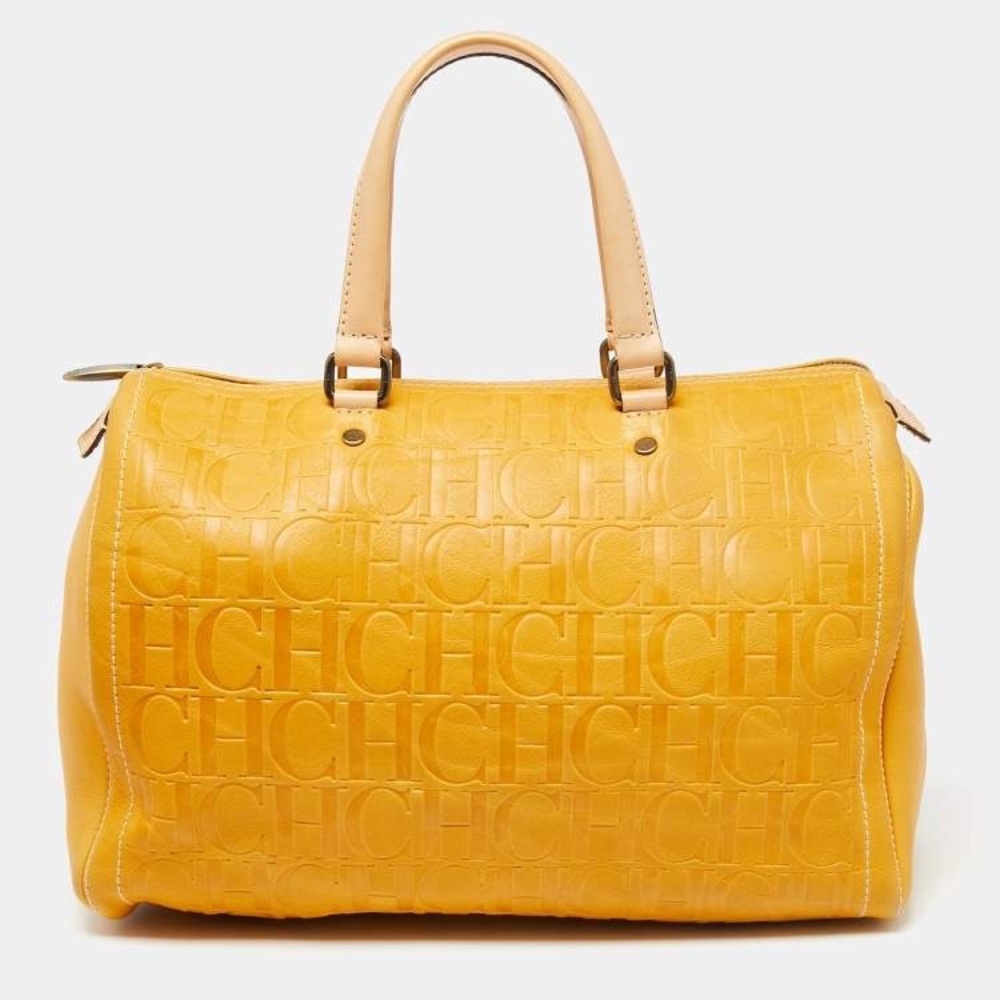 Authentic Carolina Herrera Mustard Monogram Embossed Leather Andy Boston Bag LG